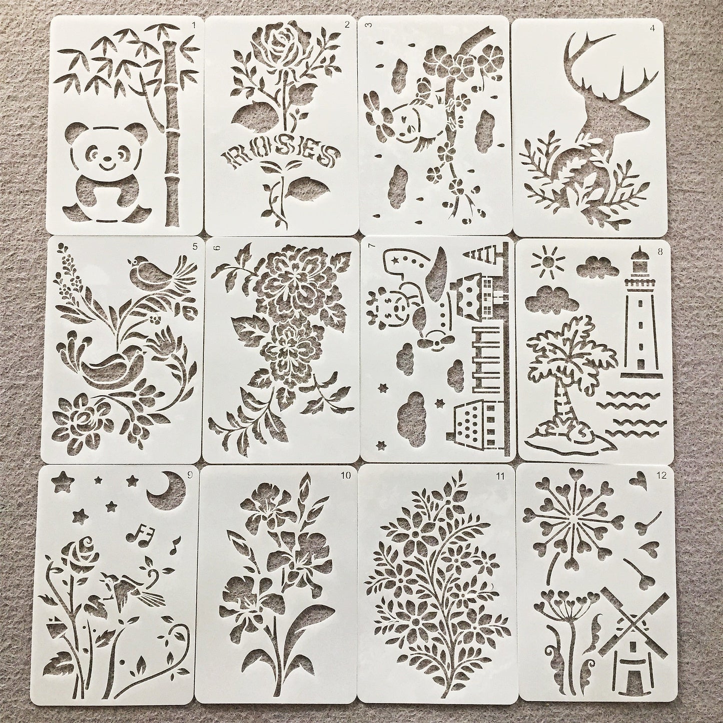 12pcs/set 20x20cm stencils flowers and panda